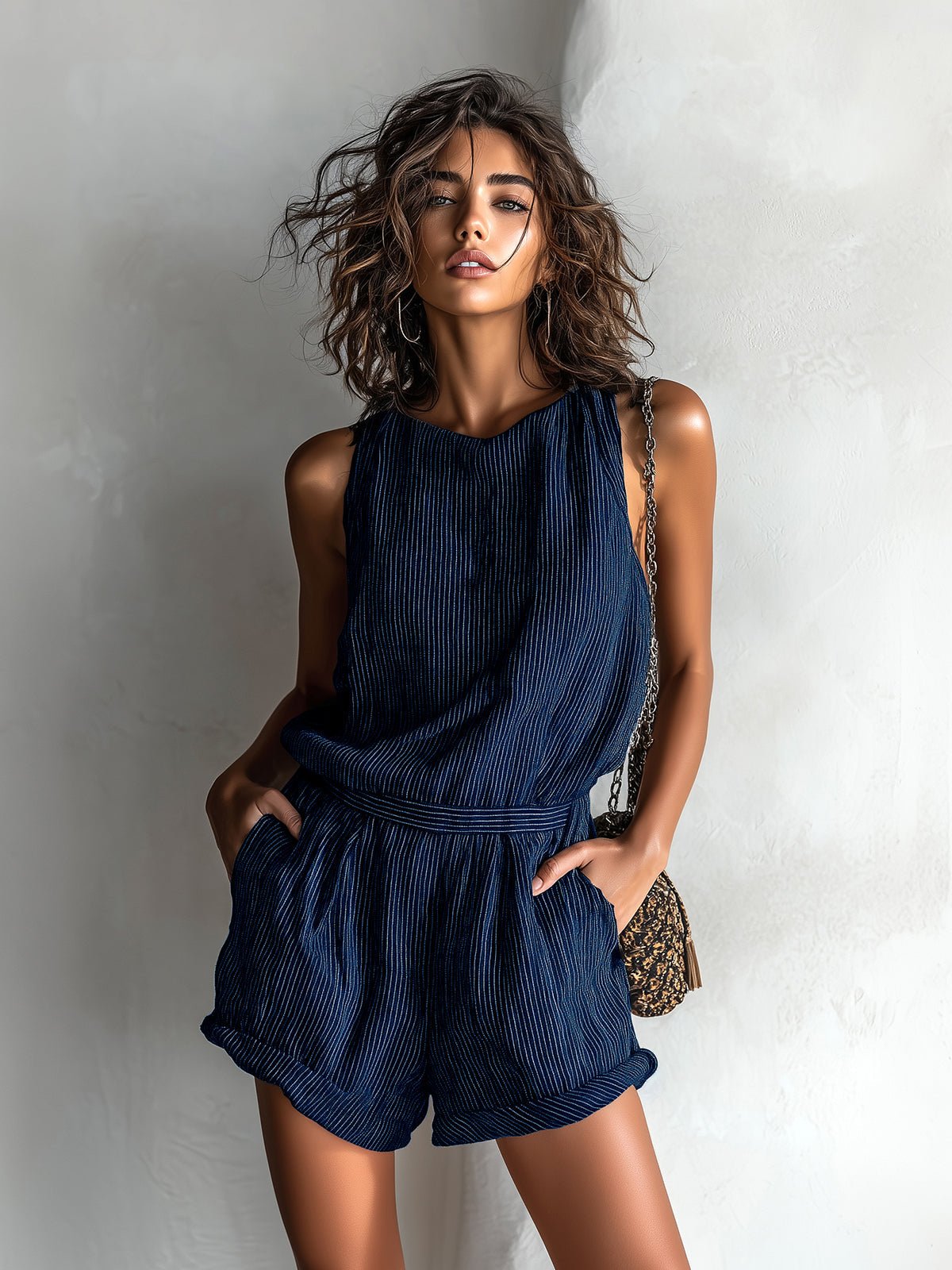 Agnes | Dame Stribet Hør-Blend Ærmeløs Jumpsuit
