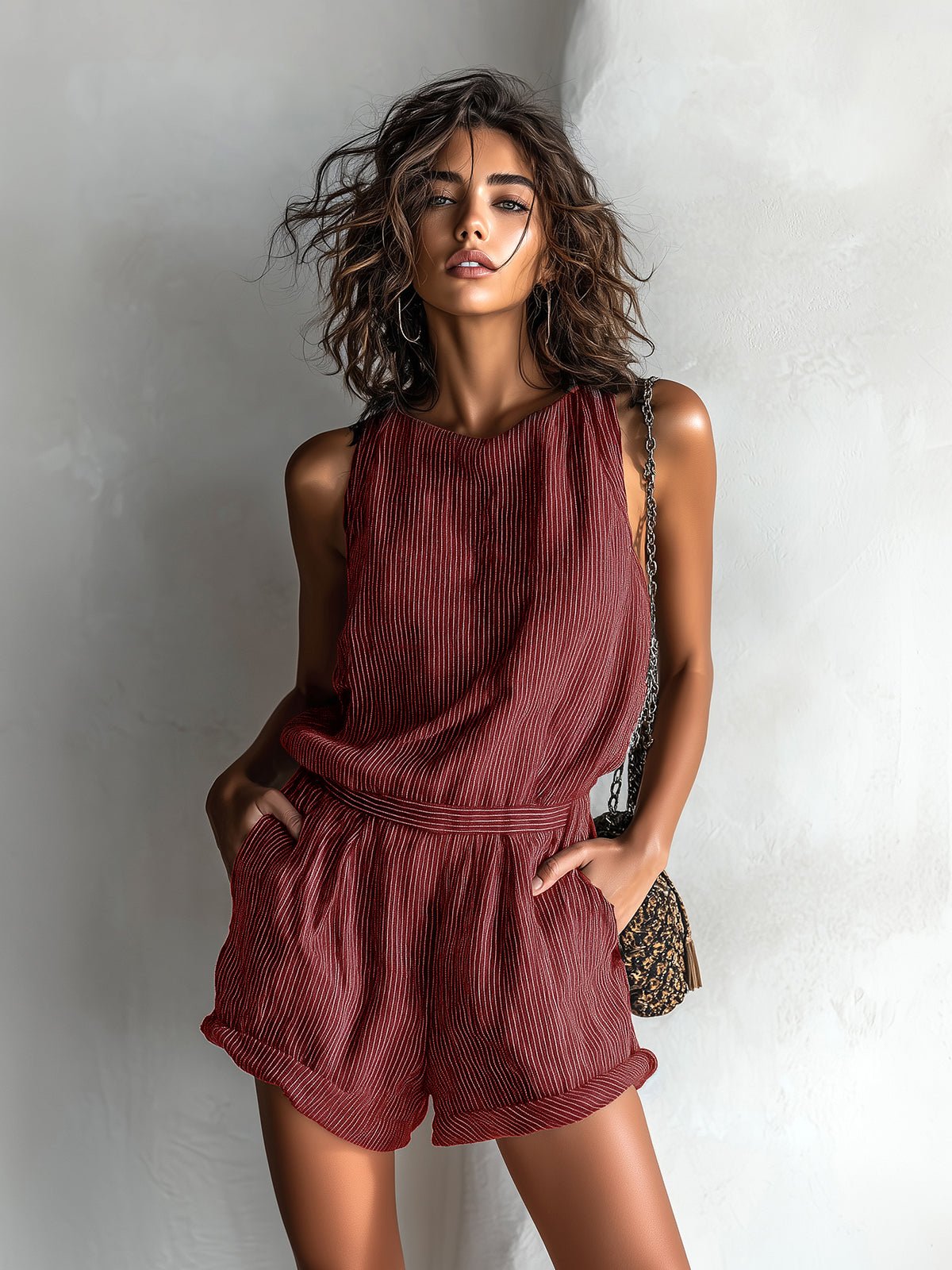 Agnes | Dame Stribet Hør-Blend Ærmeløs Jumpsuit