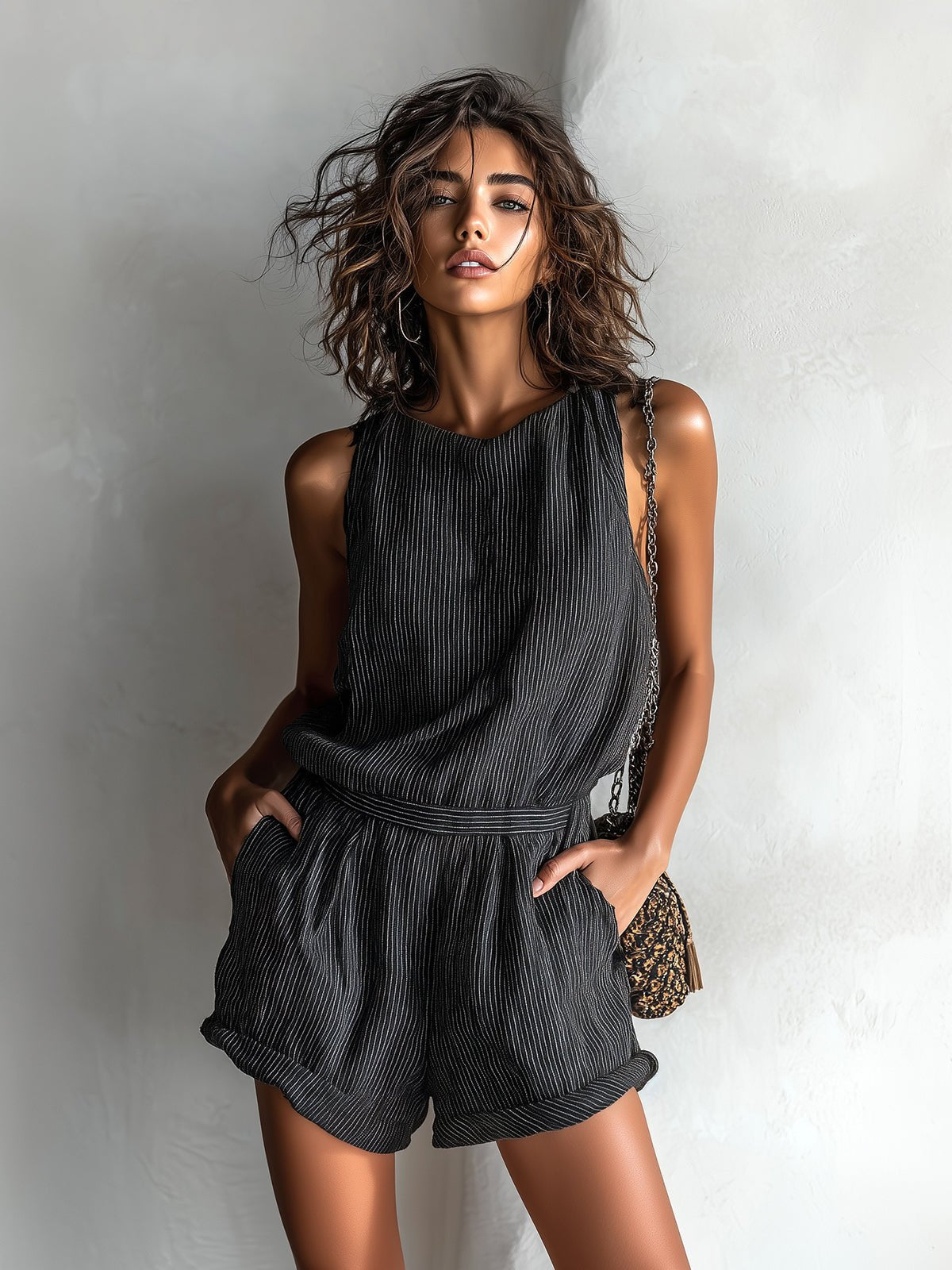 Agnes | Dame Stribet Hør-Blend Ærmeløs Jumpsuit