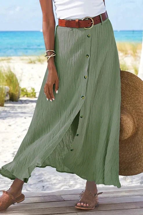 Isabella | Dames Højtaljede Krøllet Linned-Look Maxi Knappeskørt