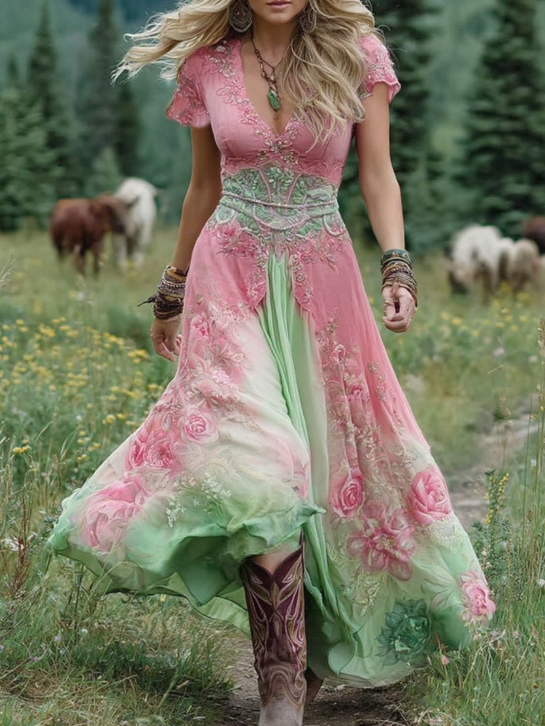 Astrid | Dames V-hals Blomster Maxi Kjole