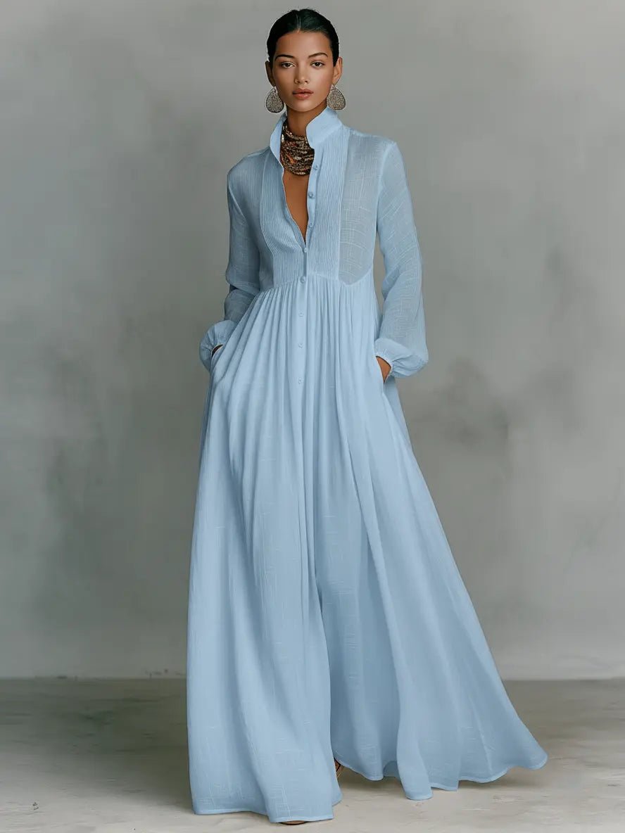Clara | Maxi Kjole med Ståkrave og Patchwork Detaljer