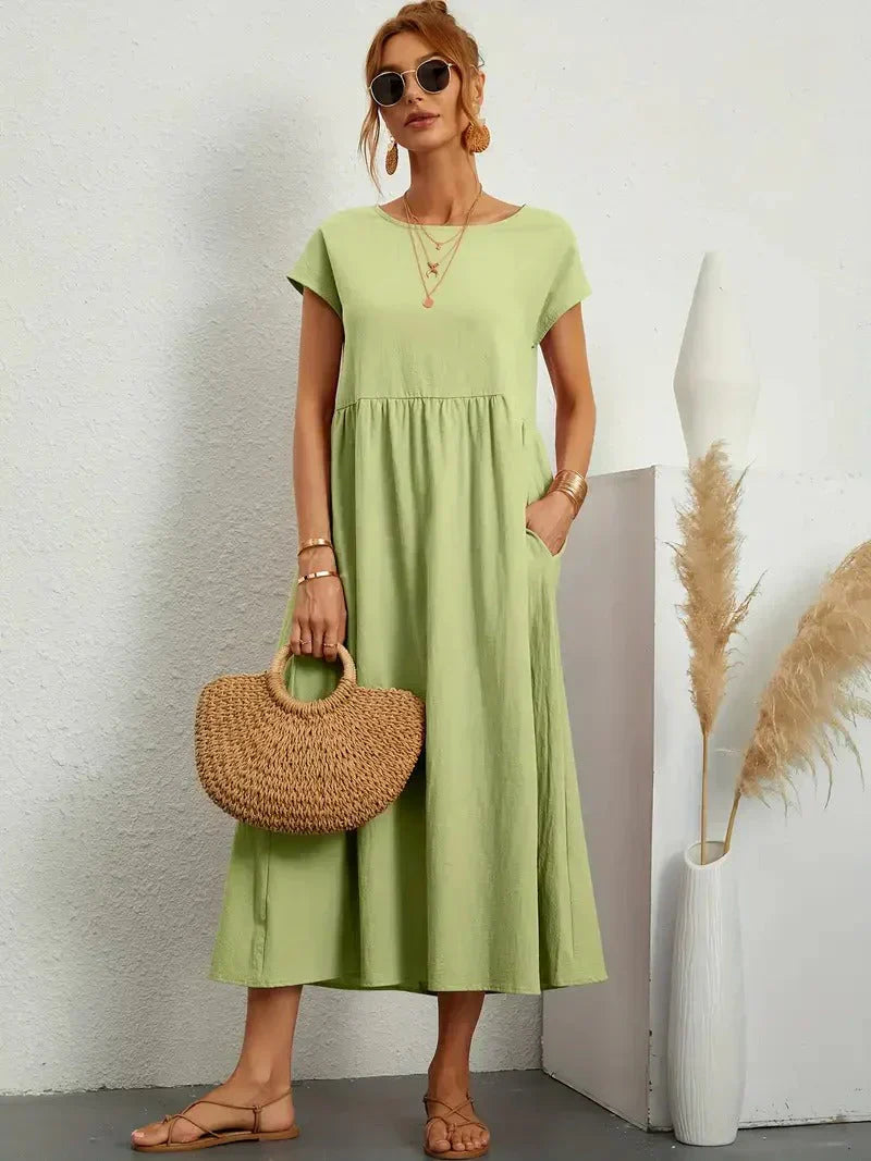 Anette | Dame Kortærmet Løs Midi Kjole Med Lommer
